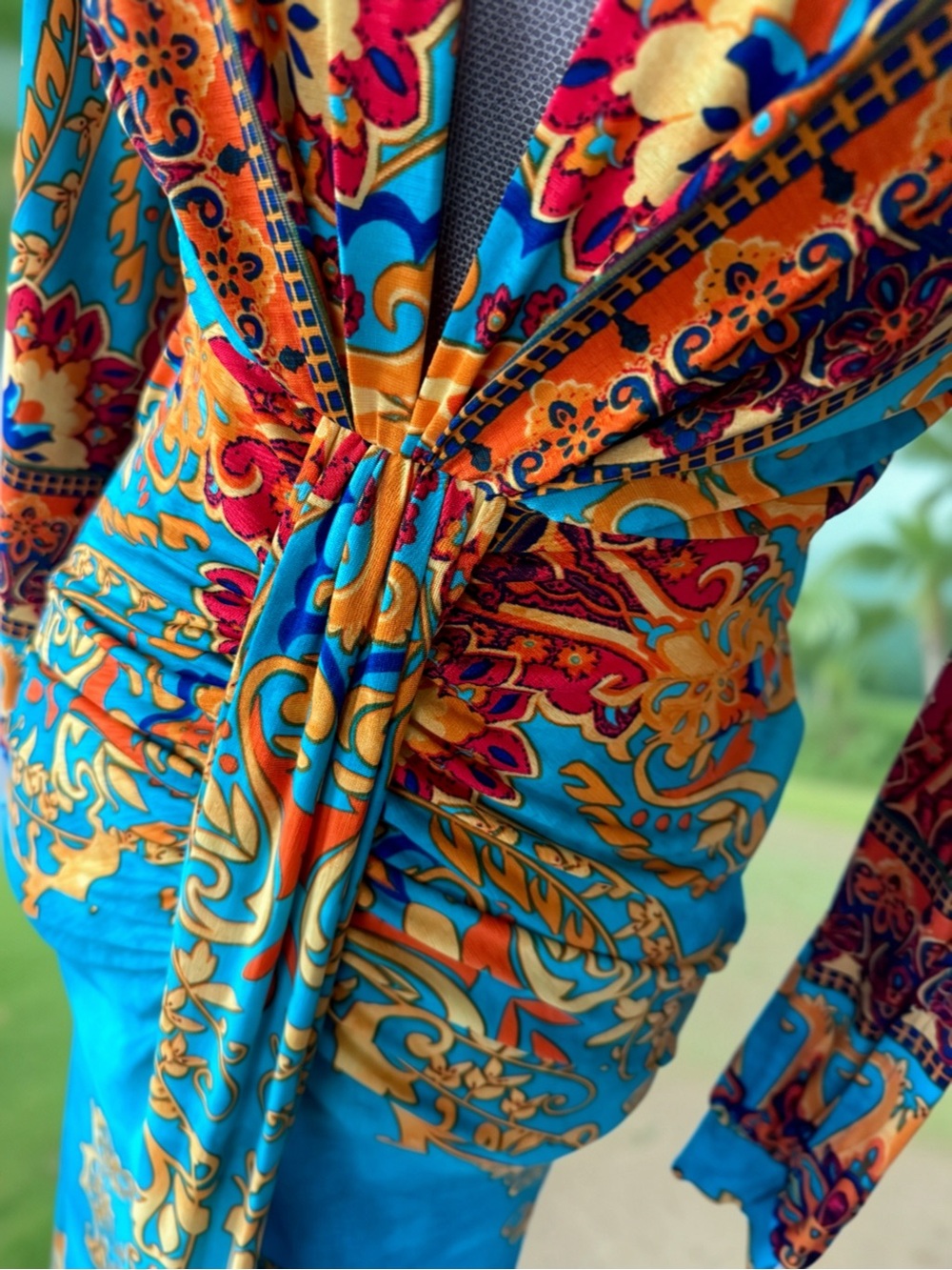 Vibrant Turquoise & Gold Print Maxi Dress with Deep V-Neck - Picture 10 of 16
